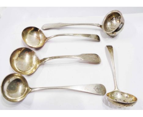 A Scottish silver small ladle and strainer ladle - sold with two antique English silver ladles and another sifter ladle marke