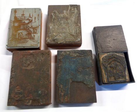 A box containing a small quantity of old printing blocks including Totnes East Gate, etc.