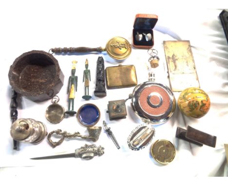 A box containing a quantity of assorted collectable items including Ronson Crown table lighter, cast metal figurines, etc.