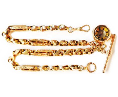 A marked 9c yellow metal fancy-link double watch chain with T-bar, lobster and sprung clasps, set with a 9ct. framed fob comp