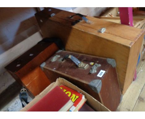 A wooden carpenter's toolbox and a similar smaller with shoulder carry strap - sold with a vintage Primus blow lamp in wooden