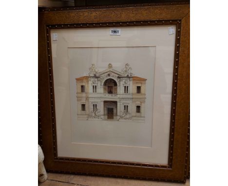 A pair of modern ornate antiqued gilt framed architectural coloured prints