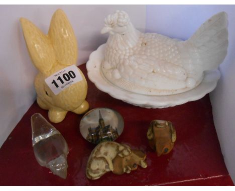 A small selection of ceramic and glass items comprising press moulded milk glass hen nest, Victorian souvenir paperweight for