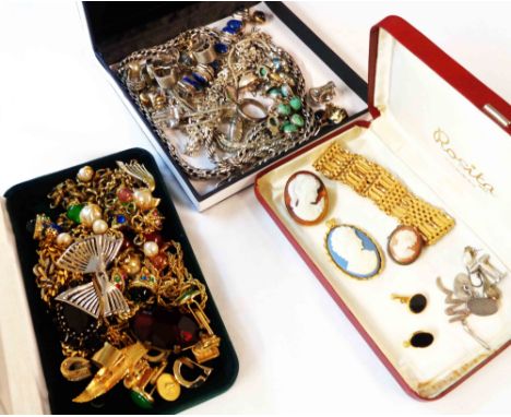 Two jewellery cases and a box containing a quantity of costume and other jewellery including cameo brooches, gate-link bracel