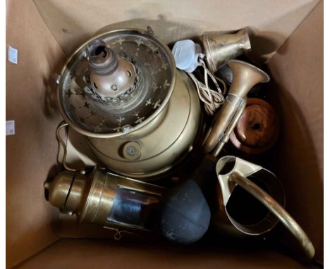 A box containing a quantity of brass and copperware including brass miner's lamp, oil lamp, etc.