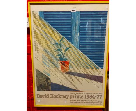 †David Hockney: a yellow painted framed exhibition poster print for the 'Touring Exhibition January 1979 - March 1980', main 