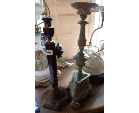 An old gilt wood and painted table lamp of candlestick form (a/f) - sold with a wooden table lamp of faceted candlestick form