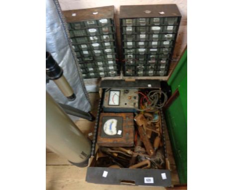 Two sets of vintage metal and plastic workshop drawers - sold with a box containing a quantity of tools and workshop electric