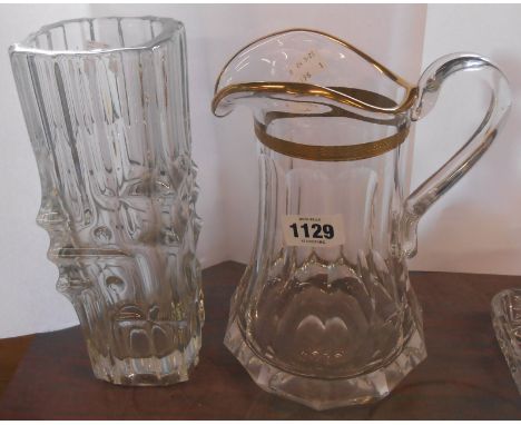 A Moser glass jug with slice cut and facet decoration and a gilt frieze border - oval sandblast mark to base - sold with a Sk