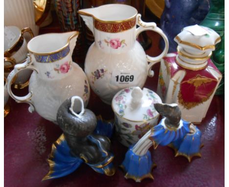 A small quantity of ceramic items including Coalport Caughley mask-head jugs, Minton's Haddon Hall preserve pot, etc.