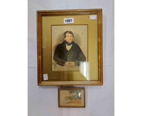 A gilt framed watercolour portrait of a 19th Century seated gentleman - sold with a miniature watercolour, depicting a coastl