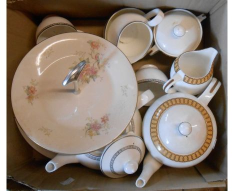 A box containing a quantity of assorted ceramic items including Royal Doulton Dryden pattern teaware, Aynsley Kensington simi