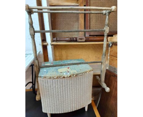 A vintage Lloyd Loom locker laundry basket with original white sprayed finish - sold with a pine double towel rail a/f
