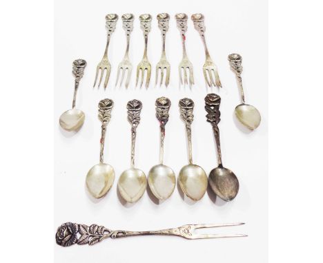 Six each Antiko (German) 800 grade ornate coffee spoons and cake forks and a matching pickle fork, all with pierced floral an