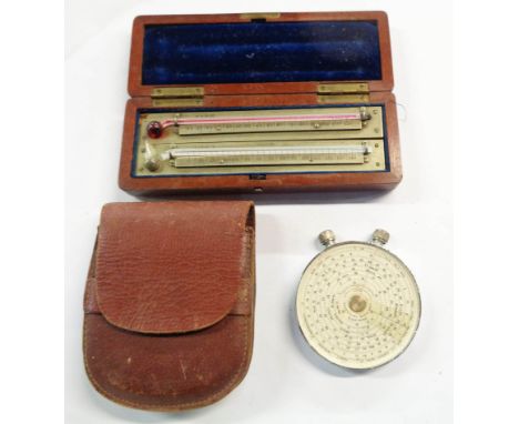 A Victorian travelling thermometer set in fitted mahogany lift-top box - sold with a Fowlers longscale calculator with instru
