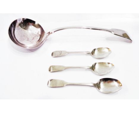 Three antique silver teaspoons - various condition - sold with a large silver plated fiddle pattern ladle