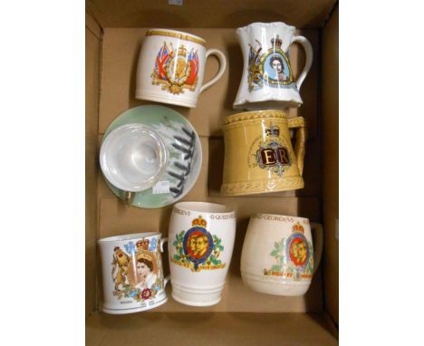 A box containing a quantity of assorted ceramic items including commemorative mugs, etc.