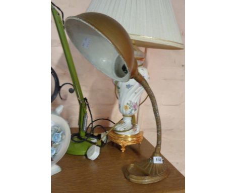 An old Supreme swan neck desk lamp with cast iron base and painted shade
