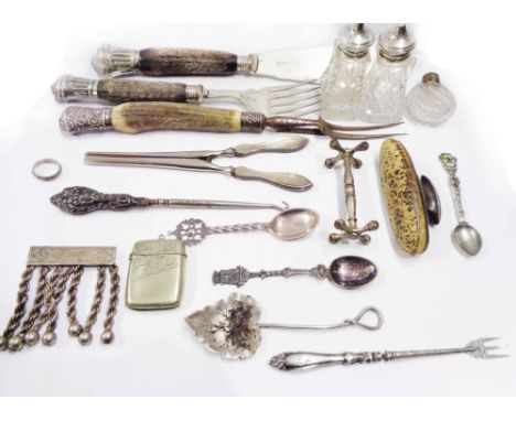 A bag containing silver and white metal and plated items including nail buff, button hook, cutlery and bottles, etc.