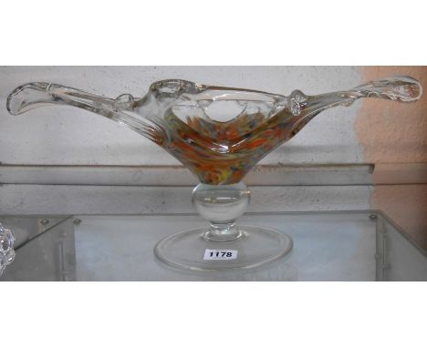 A large vintage freeform glass dish with central coloured end of day style decoration - a/f