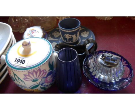 A small quantity of assorted glass and ceramic items including Poole Pottery biscuit barrel, dark blue Wedgwood jasper vase a