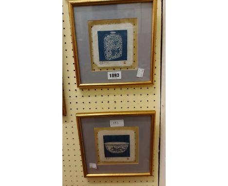 A set of four small gilt framed prints on silk fragments, each depicting a Chinese blue and white porcelain piece, all signed