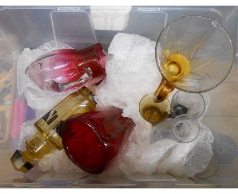 A crate containing a quantity of assorted glassware including French Art Deco cocktail shaker, Whitefriars William Wilson des