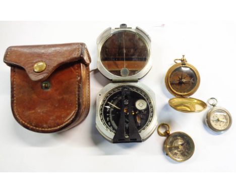 Three old fob compasses - sold with a military marching compass with green textured finish in original leather pouch