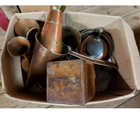 A box containing a quantity of assorted metalware and other collectable items including trench art miniature coal scuttle wit