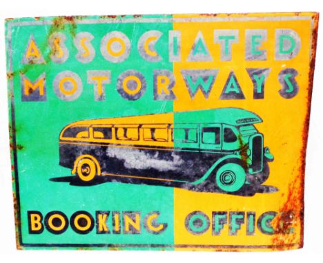 An Art Deco period double sided enamel sign marked for Associated Motorways Booking Office with central bus in a split orange