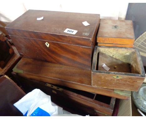 A Victorian mahogany brass bound writing slope, a 19th Century tea caddy and two smaller boxes - for restoration