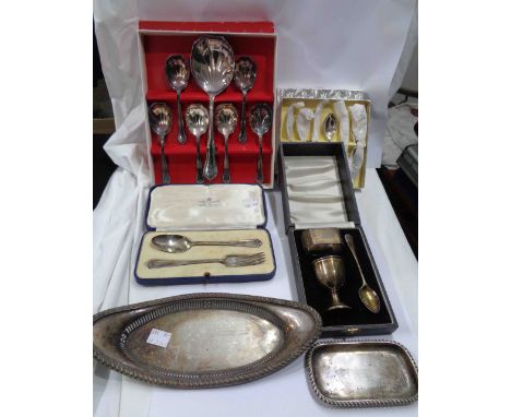 A cased Mappin &amp; Webb silver fork and spoon set - sold with an Asprey's silver pin tray (with initials), cased egg cup an