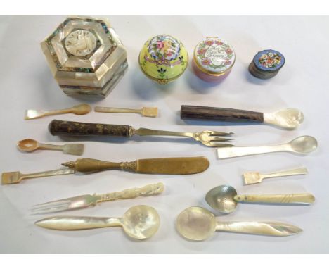A box containing a small quantity of collectable items including Crummels enamel lift-top box, mother-of-pearl clad box, etc.