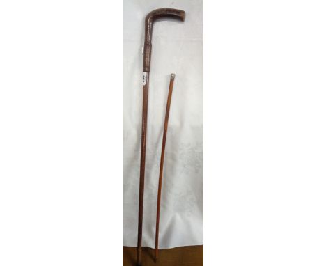 An antique cane swagger stick with silver cap - sold with an old walking stick with leather collar