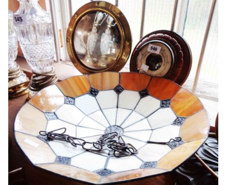 A vintage carved oak cased barometer of round form - sold with a brass framed convex mirror and a Tiffany style stained acryl