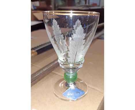A set of six Art Deco Royal Brierley sherry glasses with etched leaf pattern and green glass knop - sold with a selection of 