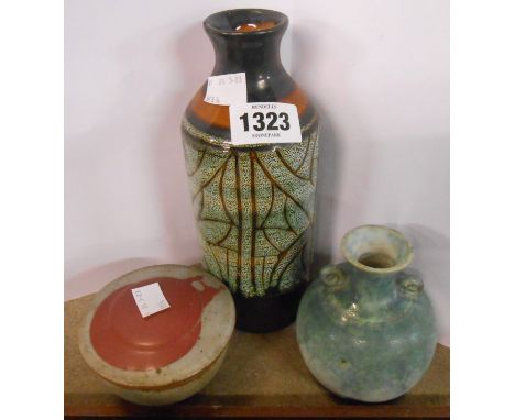 A vintage Celtic Pottery Cornwall vase decorated in the Medallion pattern - sold with two studio pottery items