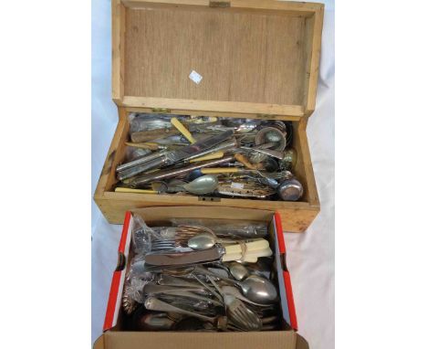 A wooden box containing a large quantity of assorted silver plated and other cutlery, telescopic toasting fork and condiments
