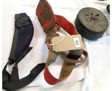 A 19th Century army officer's sash belt with red velvet trim and embroidered monogram - sold with a Hawkes &amp; Co. mess cap