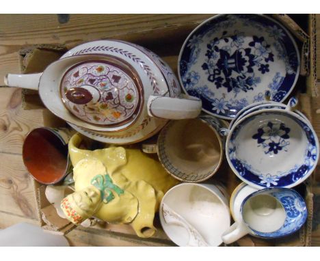 A box containing a quantity of assorted ceramic items including early 19th Century pearlware jug of helmet form, 19th Century