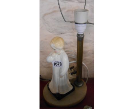 A vintage table lamp, the marble base set with a Royal Doulton figurine Darling