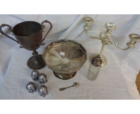 A quantity of silver plated items including twin branch three light candelabrum, trophy cup, etc.