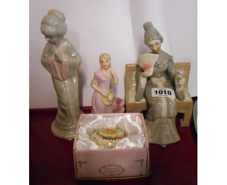 A small selection of ceramic items comprising two porcelain figures depicting Japanese ladies, a smaller figurine and a boxed