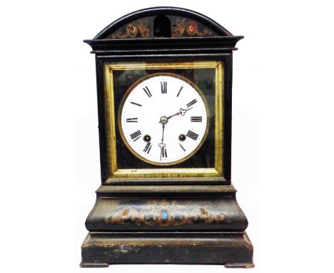 A 19th Century ebonised and brass inlaid cased table clock with German/American cuckoo movement with two bellows and gong - c