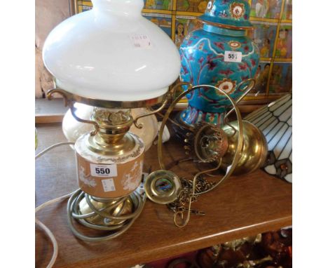 A vintage electric table lamp of oil lamp form with central ceramic 'reservoir' and opaque glass shade and chimney - sold wit