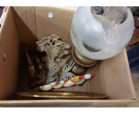 A box containing a quantity of assorted metalware and other collectable items including painted cast iron doorstops, brass oi