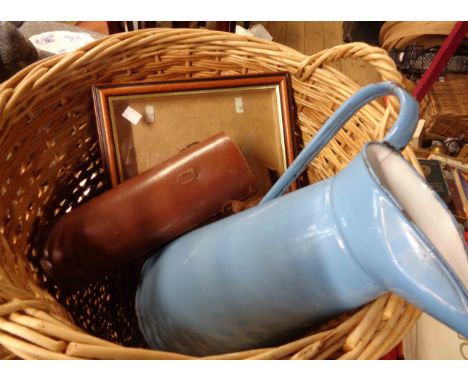 A wicker log basket containing a small quantity of collectable items including blue enamel jug, jewellery box containing cost