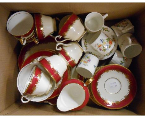 A box containing an Aynsley part tea set with red and gilt decoration and an Aynsley cottage garden part coffee set