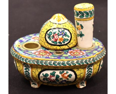 Vintage Italian faiance covered ceramic inkwell, with seal stamp and glass liner, L: 14cm. P&amp;P Group 3 (£25+VAT for the f