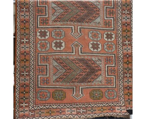 19th century knotted wool carpet, damage to fringe 180 x 105cm. P&amp;P Group 3 (£25+VAT for the first lot and £5+VAT for sub